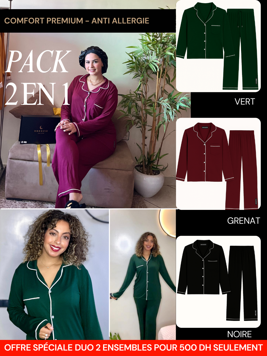 Snoozie® – Ensemble Pyjama Premium Anti-Allergie 2 pour 500 DH – Offre Limitée